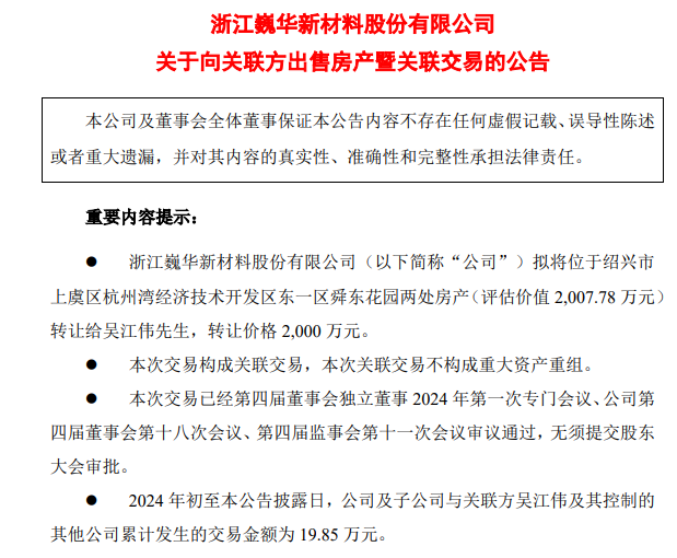 上市公司要將6000余平方米房產(chǎn)轉(zhuǎn)讓給董事長，作價2000萬元